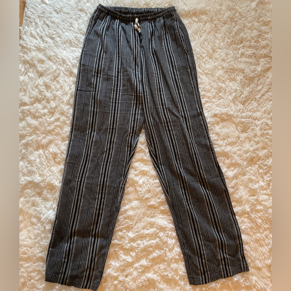 Gray Striped Trousers with Elastic Waistband